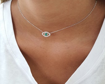 Gold Evil Eye Necklace, Third Eye Necklace, Evil Eye Choker, 925 Silver Eye Pendant, Green Eye Charm Necklace, Rose Gold Dainty Eye Necklace