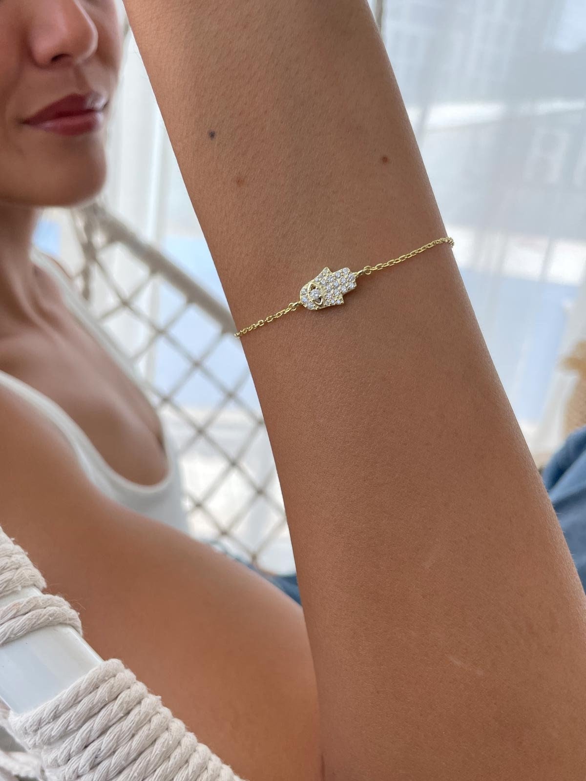 Hamsa Hand chain Bracelet, Silver 925 Hamsa Charm Bracelet, Protection Bracelet, Evil Eye Bracelet, 14k Gold Hand Of Fatima Hamsa Bracelet
