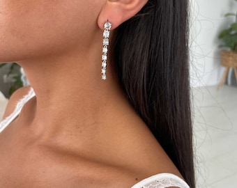 Pendientes largos de tenis en plata de ley 925, con circonita cúbica, para mujer, joyería de noche.