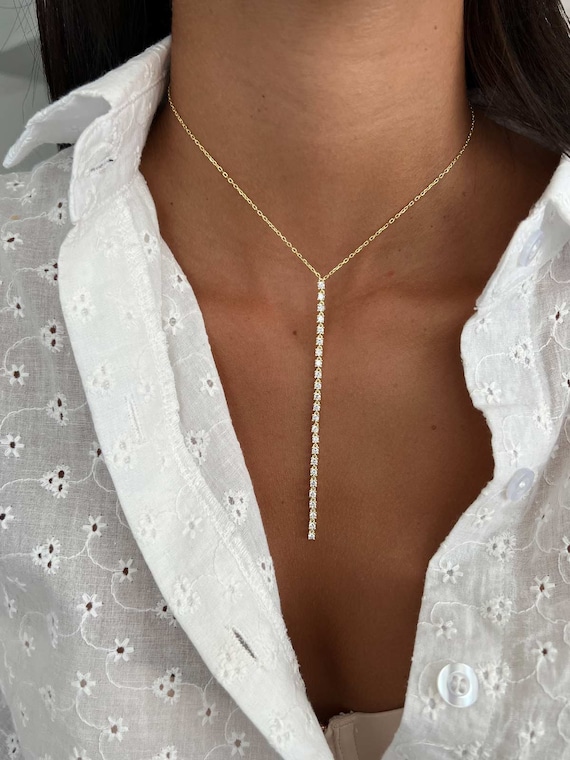 CZ Tennis Y Lariat Necklace, Sterling Silver Drop Chain - Etsy