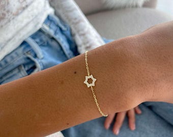 Bracciale con croce messianica in oro con stella di David, braccialetto con croce e Magen David, croce ebraica con stella, braccialetto con stella messianica in oro con croce. - Italia