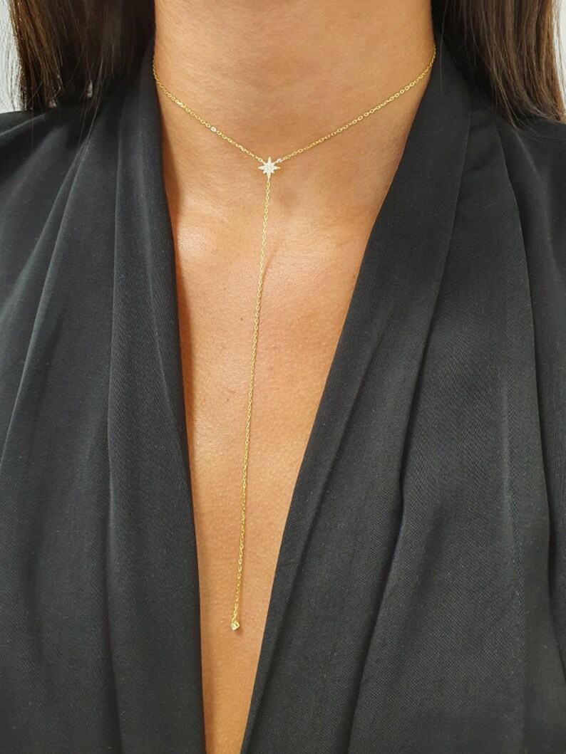 Gold Star Drop Necklace Star Y Necklace CZ Y Necklace Etsy