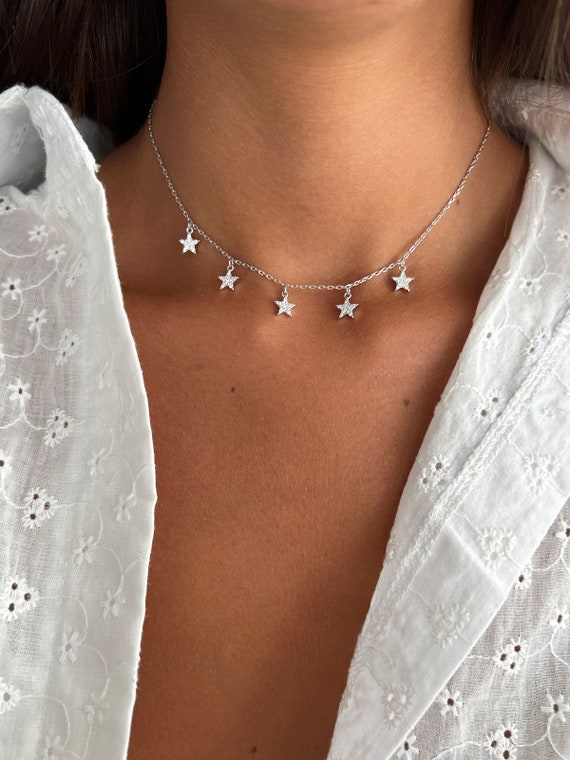 Sterling Silver 925 Choker Stars Charm Pendant Necklace for Women