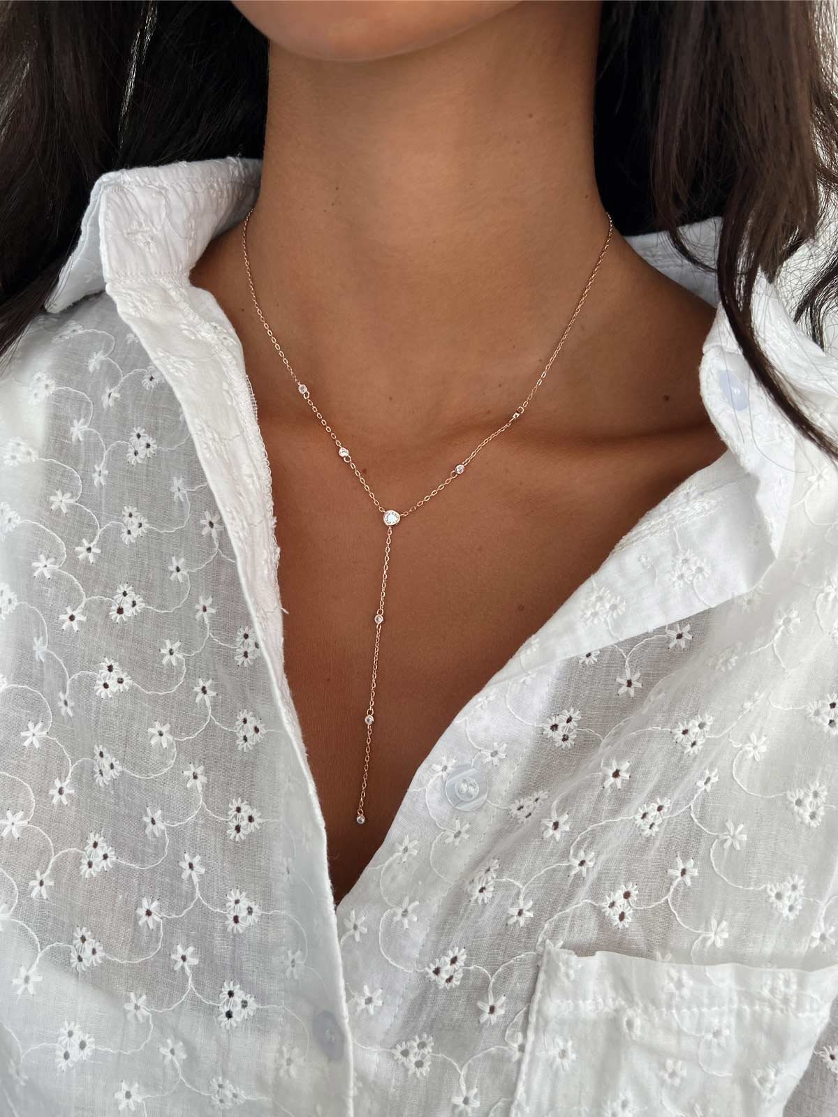 Silver 925 Lariat Necklace, Solitaire Lariat Y Drop Necklace, 14k