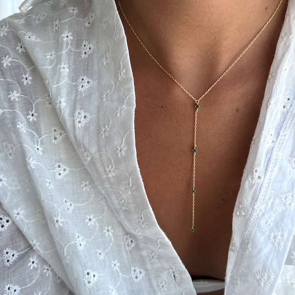 Lariat Y Necklace, Dainty Silver 925 Y Necklace, Minimalist CZ Green Lariat Necklace, cubic zirconia Y Necklace, Rose Gold Long Necklace