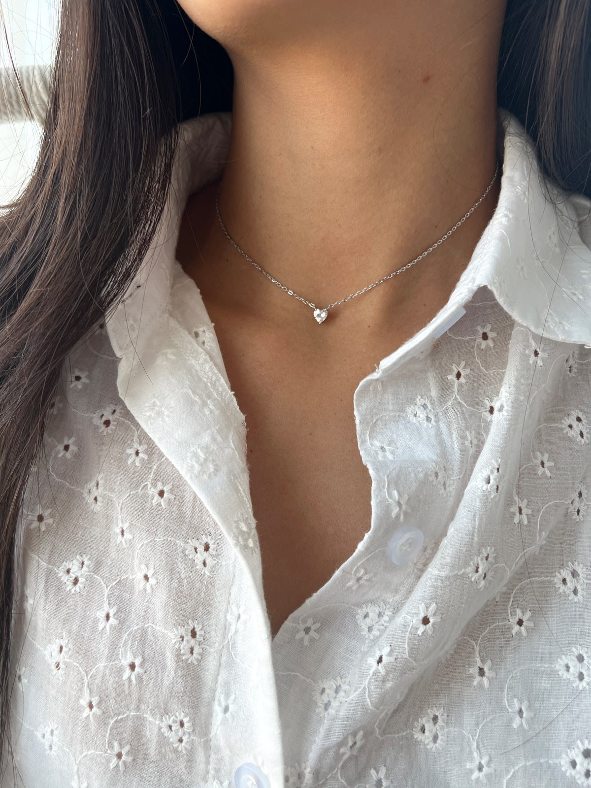Silver 925 Heart Choker Necklace, CZ Heart Pendant Choker