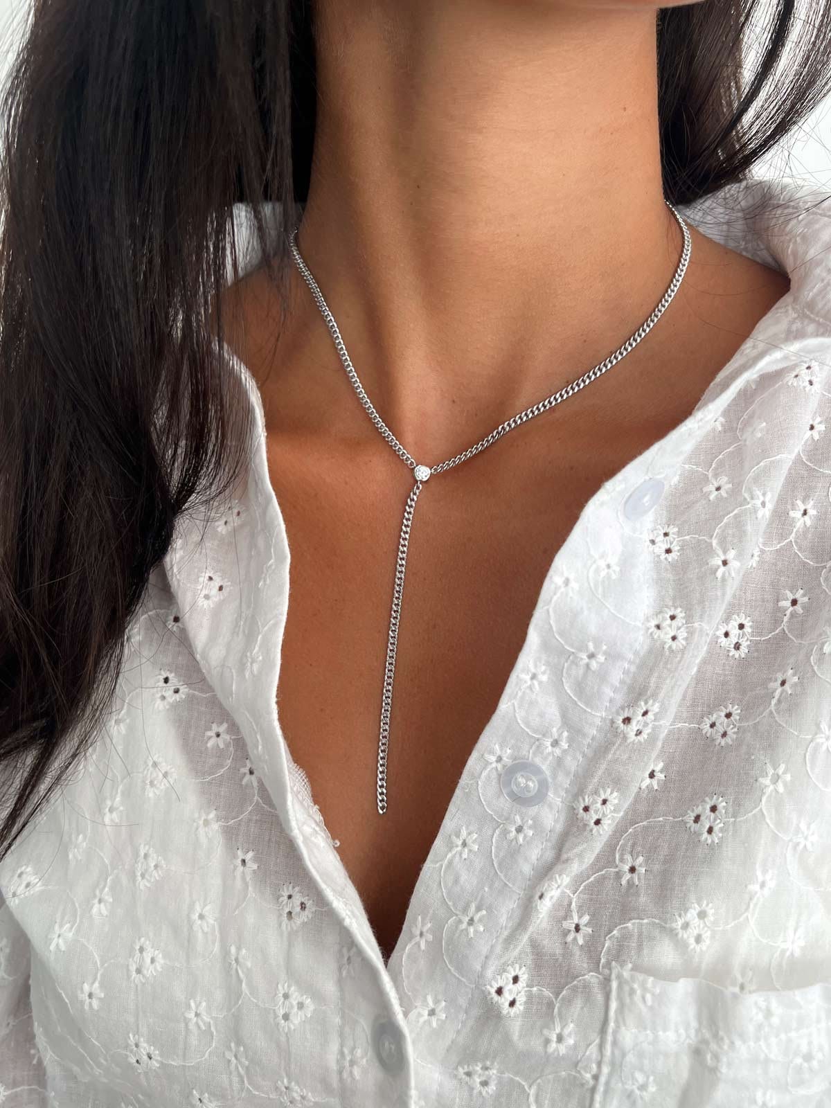 Gold Lariat Y Necklace, Sterling Silver Bezel CZ Drop Link Chain