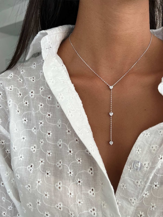 Silver 925 Lariat Necklace, Rose Gold Hearts Solitaire