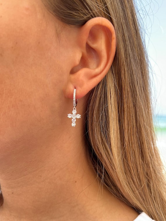 14K Gold Cross Earrings, Tiny CZ Cross Drop Earrings, Luxury
