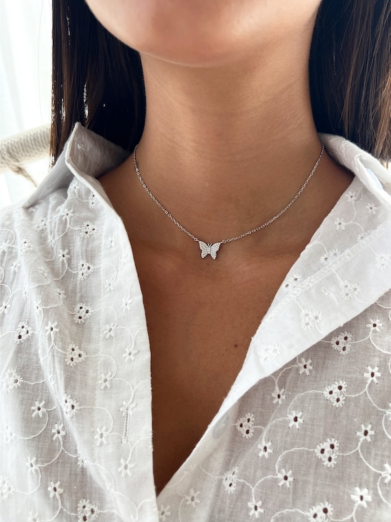 Silver Butterfly Necklace CZ Butterfly Charm Necklace Cubic zirconia Butterfly Choker Necklace Rose Gold Butterfly Pendant Necklace