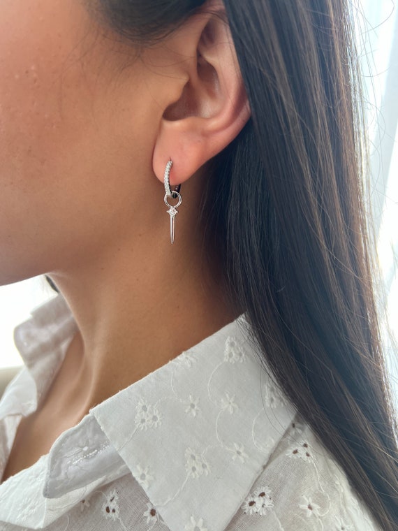 ★TATIANA★ Silver 925 Ribbon Heart Dangle Hoop Earrings EC3 Silver 925 Tennis Earring, Cubic Zirconia Solitaire Hoop