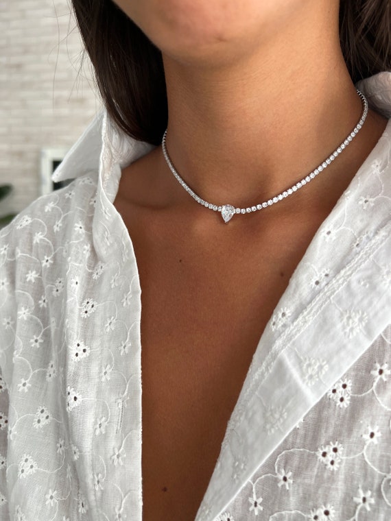 Tennis Necklace Silver 925, Teardrop Pendant Tennis Choker, Pear