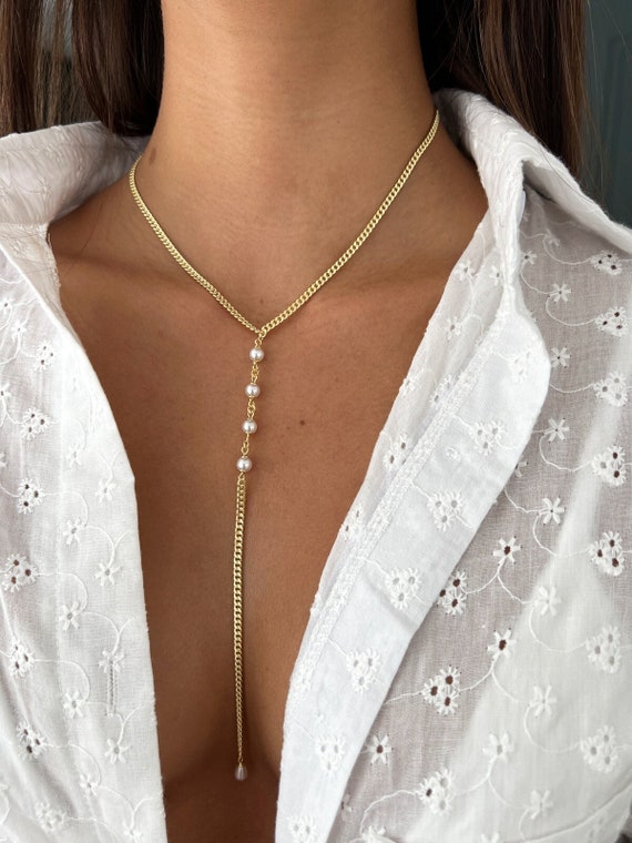 14k Gold Plated Lariat Necklace Dainty Y-Chain With CZ Pendant