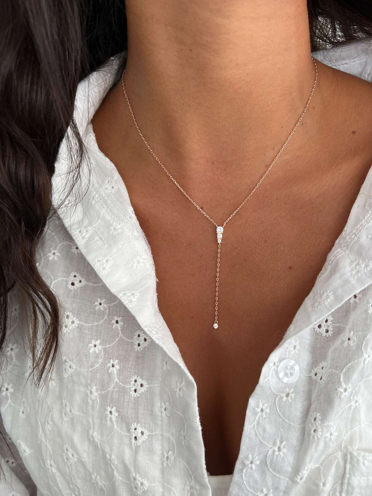 Silver 925 Lariat Necklace, CZ Solitaire Lariat Y Drop Necklace