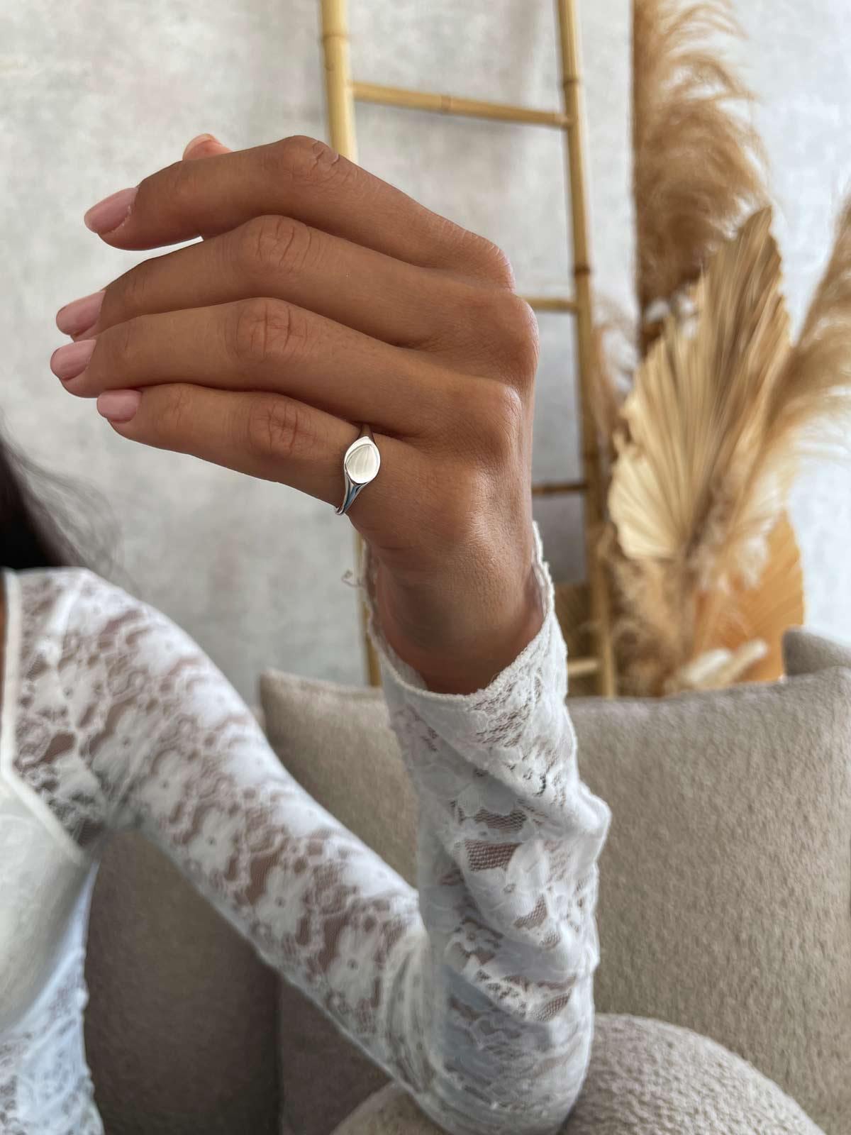 Gold Oval Signet Ring, 925 Sterling Silver Pinky Ring, Adjustable