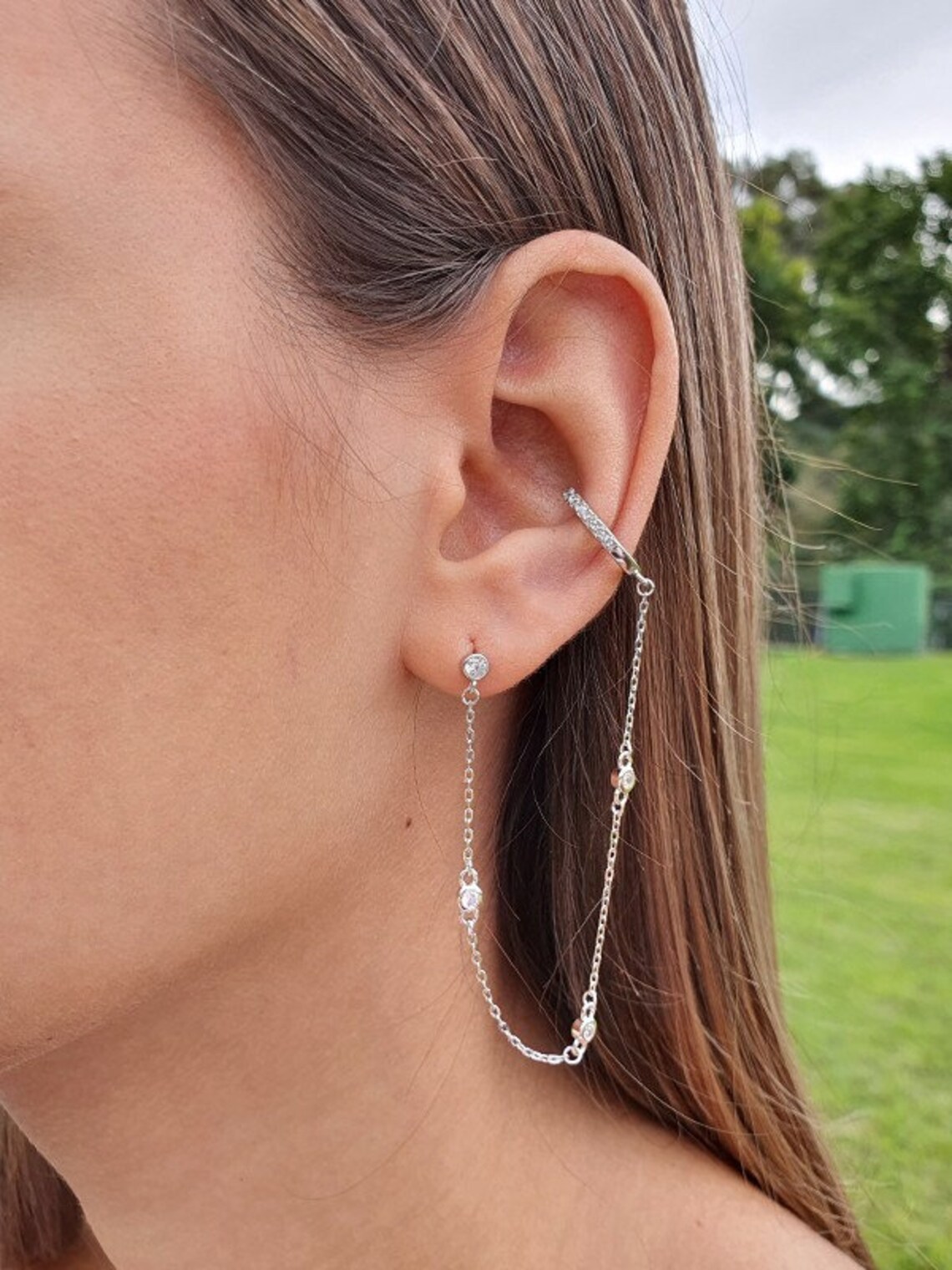 Rose Gold Ear Cuff With Chain No Piercing Ear Cuff Cz Ear Etsy