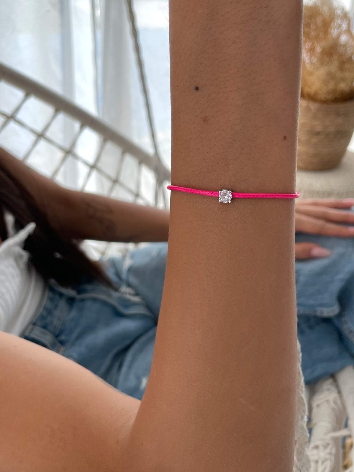 Rope Diamond bracelet, Silver 925 Pink Rope solitaire Bracelet , Minimalist Pink Wire Bracelet with 5mm Cubic Zirconia Women Bracelet