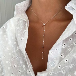 Y-halsband för kvinnor, droppformad lariathalsband, 14K guld över 925 sterlingsilver långt dropphänge minimalistisk present till henne