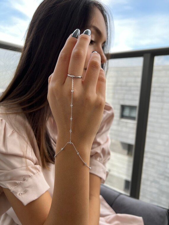 CZハンドチェーンブレスレット スターリングシルバー925、女性用繊細な