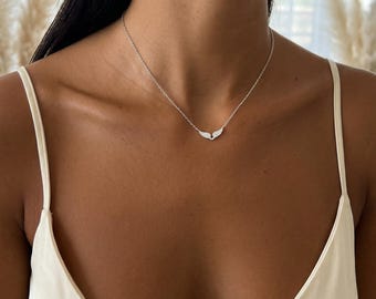 Gold Angel Wing Pendant Necklace, Minimalist Cubic Zirconia Choker Necklace, Dainty 925 Sterling Silver Angel Wings Charm Necklace