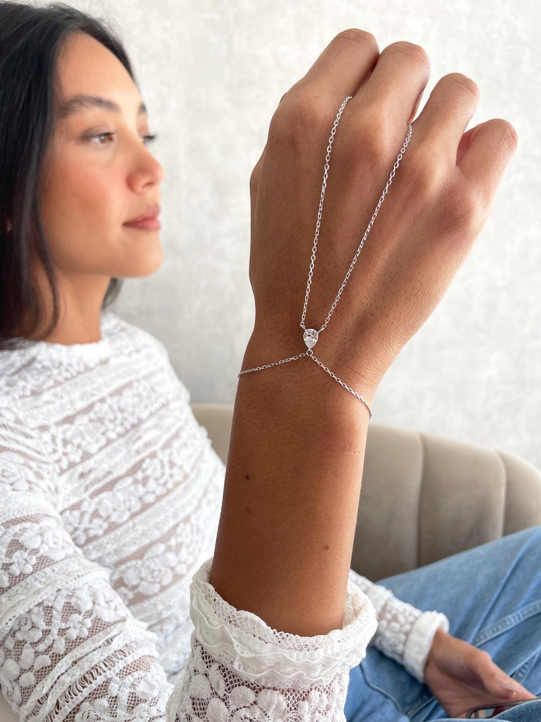 Handlet Chain Hand Chain Bracelet, Sterling Silver Pear CZ Finger Bracelet, Teardrop ...
