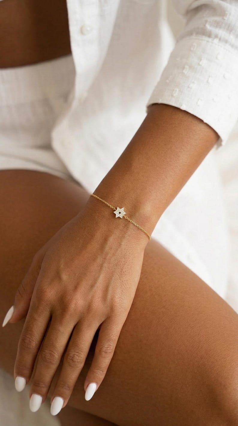Star of David Bracelet, 14K Gold over 925 Sterling Silver Magen David Charm, Dainty Jewish Star Bracelet Gift for Her image 4