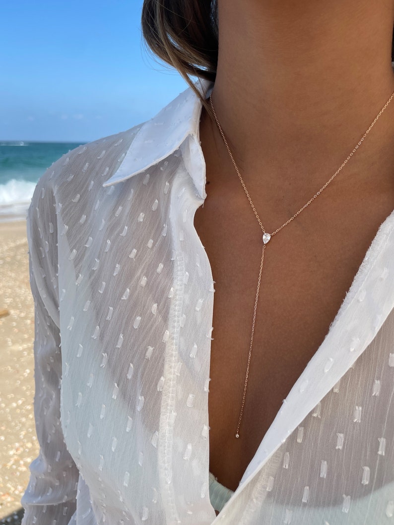 Long Necklace Silver 925 Pear Lariat Y Necklace Silver Etsy