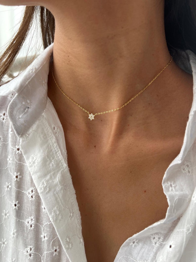 Gold Jewish Star Necklace, 14K Gold over 925 Sterling Silver Star of David Pendant, Tiny Minimalist Magen David Charm Necklace image 4