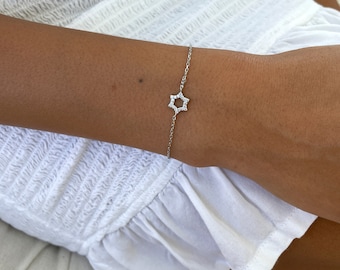 Star Of David Bracelet Silver 925, Tiny Magen David Bracelet, Jewish Star Charm Bracelet, 14k Gold Star Of David Bracelet Cubic zirconia