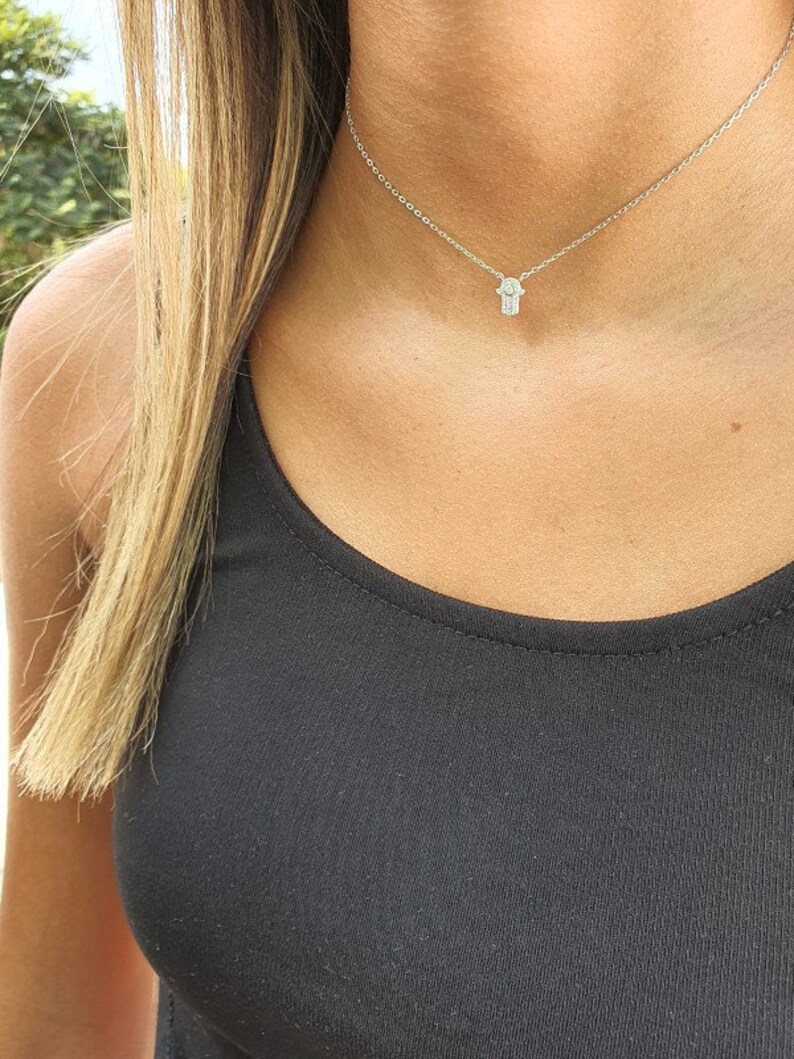 Lucky Necklace Silver Hamsa Choker Necklace Hand Of God Hand Of Fatime Evil Eye Choker Necklace Good Luck Charm Silver Hand Necklace