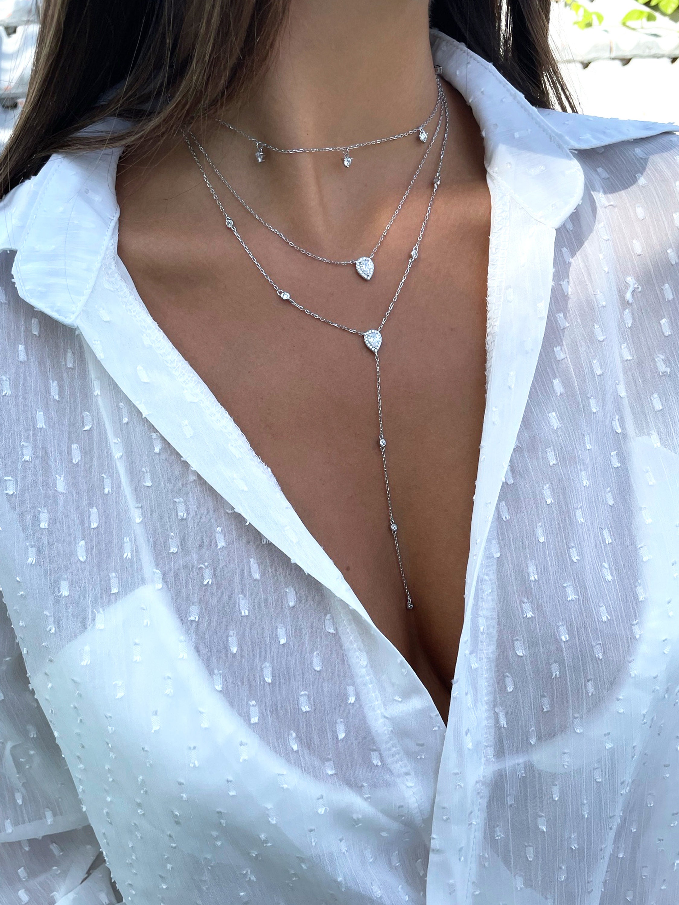 Pear Diamond Cubic Zirconia Pendant, Modern Lariat Necklace