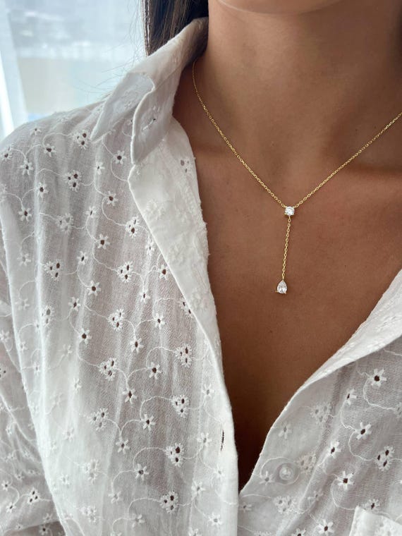 Teardrop Lariat Necklace, 925 Sterling Silver CZ Y Drop - Etsy