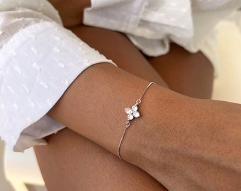 Pulsera de flores Plata 925, Pulsera delicada de trébol, Pulsera CZ, Pulsera con dijes de oro rosa de 14 k, Pulsera colgante de flores con circonita cúbica