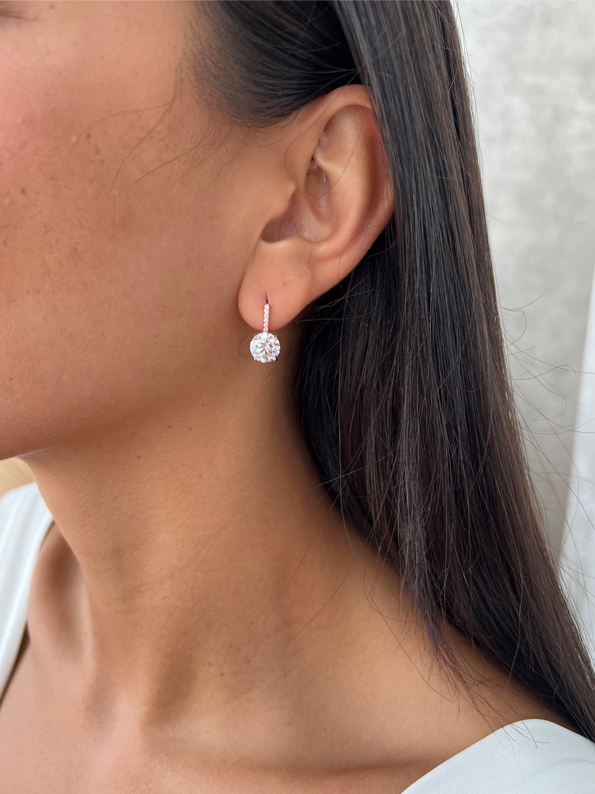FJ Orecchini Pendenti In Argento 925 Con Perla E Zirconia Cubica - Gioielli Regalo Per Donna