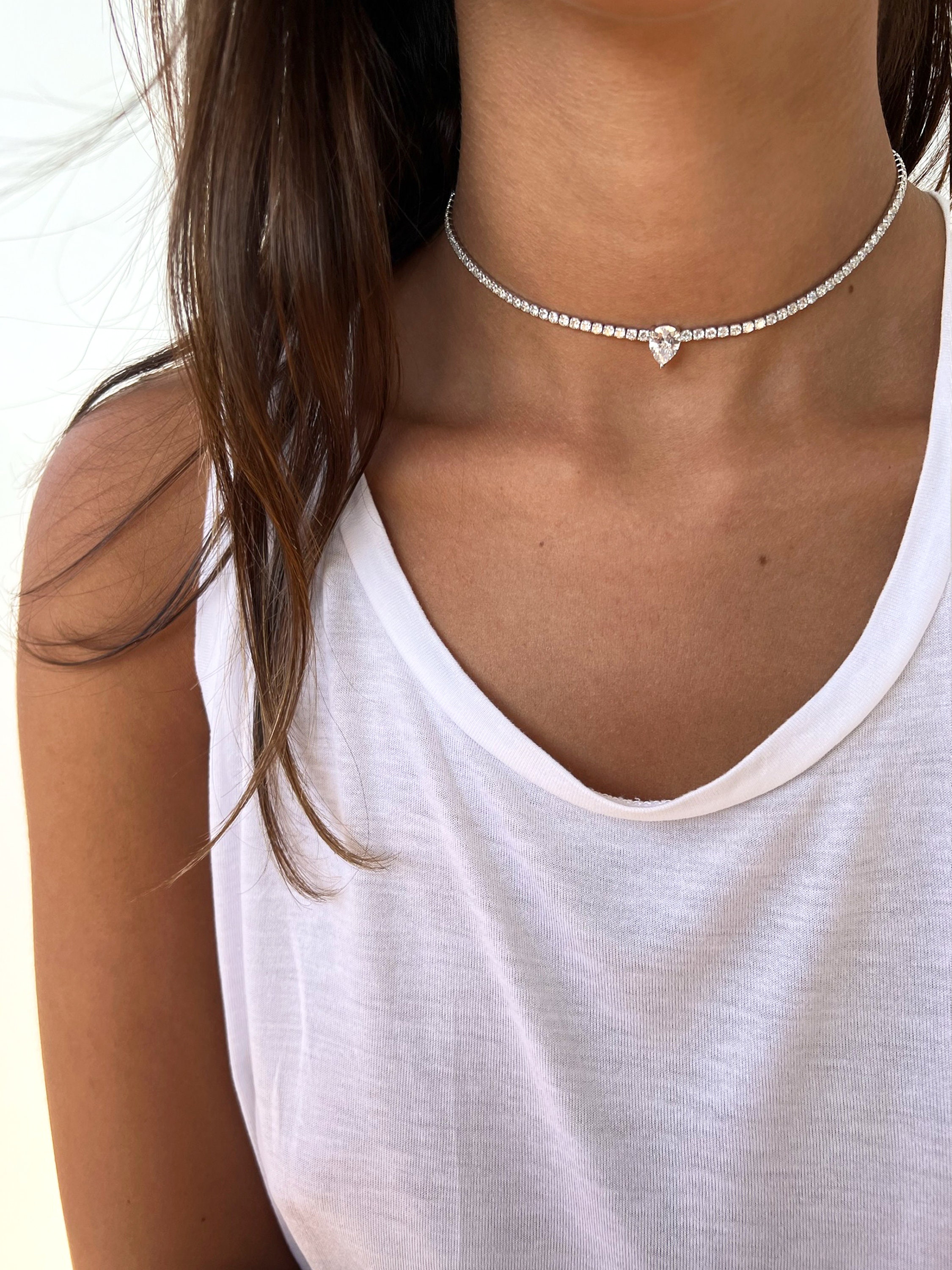 Sterling Silver 925 Tennis Necklace, Teardrop Tennis Choker