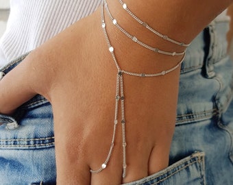 Finger Bracelet, Silver Hand Chain, Dainty Hand Chain, Slave Bracelet, Handlet, Tiny Silver Bracelet, Ring Chain Bracelet, Thin Bracelet