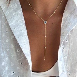 Terdrop Necklace Silver 925, Light Blue CZ Pear Lariat Necklace, Y Long Necklace, Rose Gold Lariat Necklace, Y Necklace Teardrop Silver