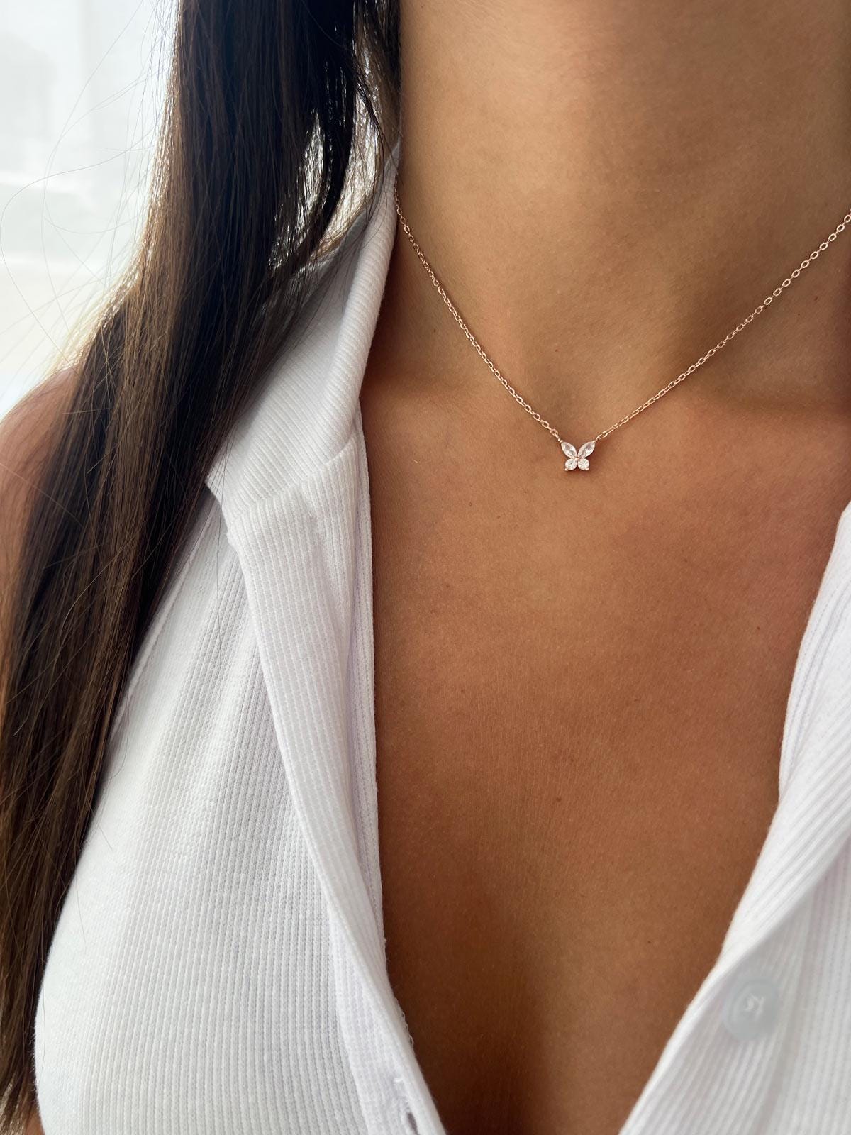 Collier papillon délicat, chaîne en argent sterling 925 délicate avec un collier à breloques CZ, collier ras de cou minimaliste en or rose pour femme