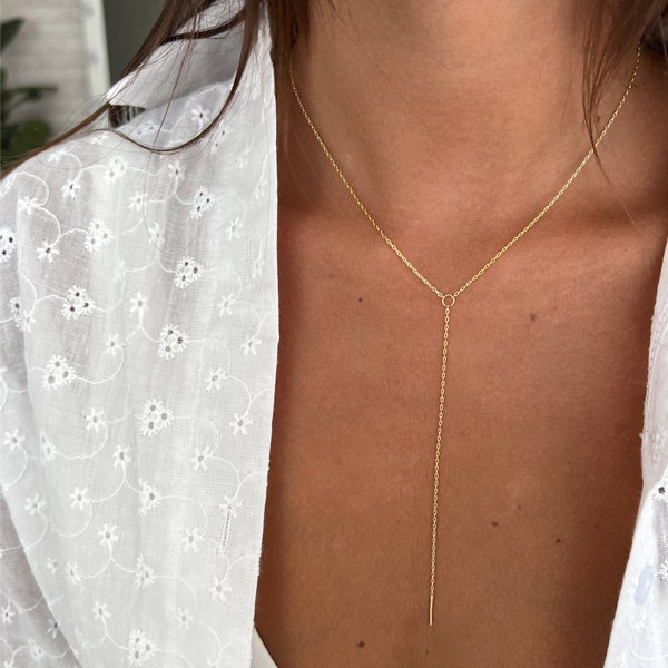 Y Necklace Silver 925, Long Drop Lariat Necklace, Dainty Y Chain, Sterling Silver 925 Lariat Necklace, Minimalist Long Necklace Rose Gold