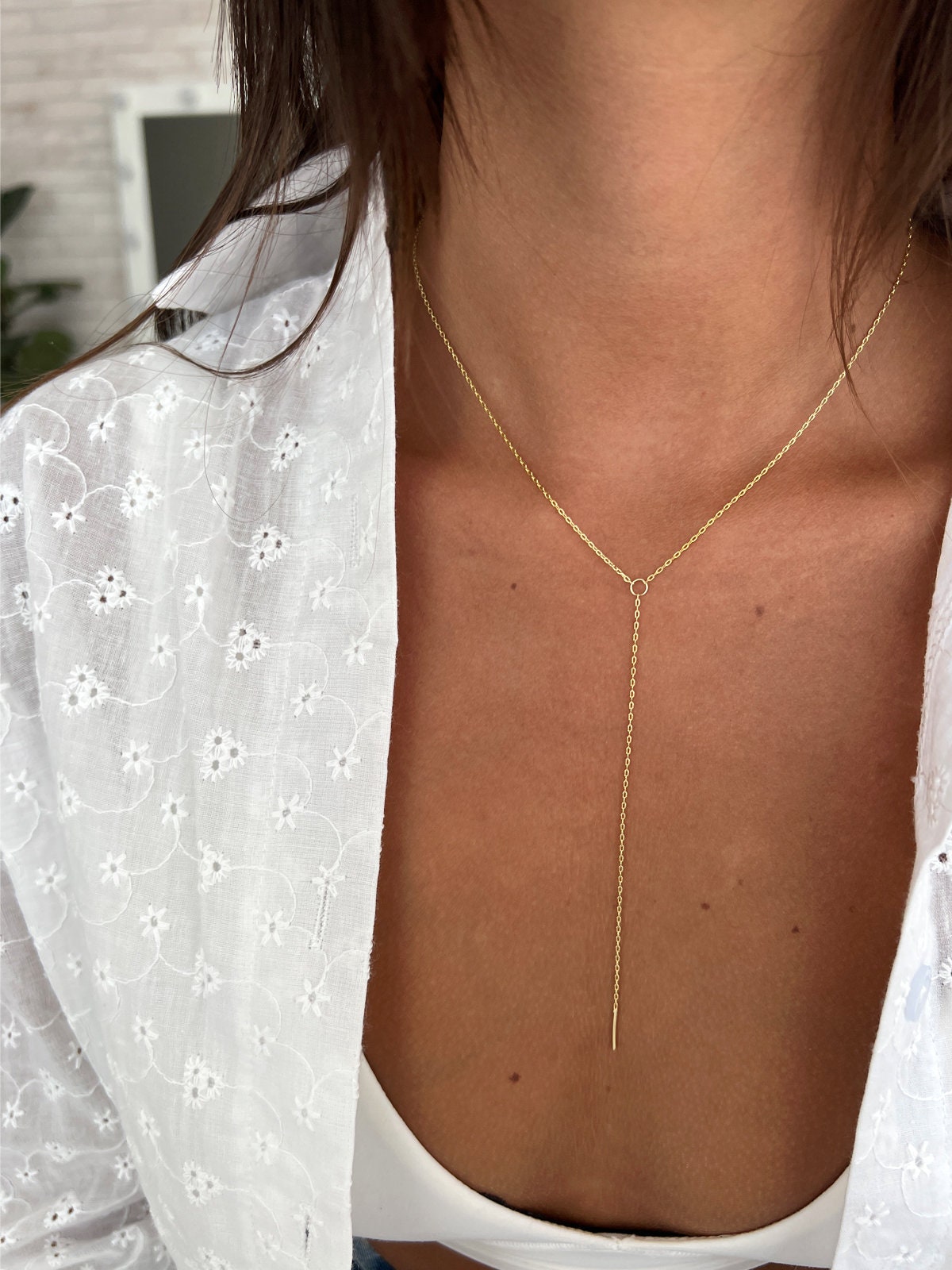 Collana Lunga A Y In Argento Con Ciondolo A Barretta E Cerchio - Collana A Strati Modulabile, Semplice E Spessa, Gioiello Donna