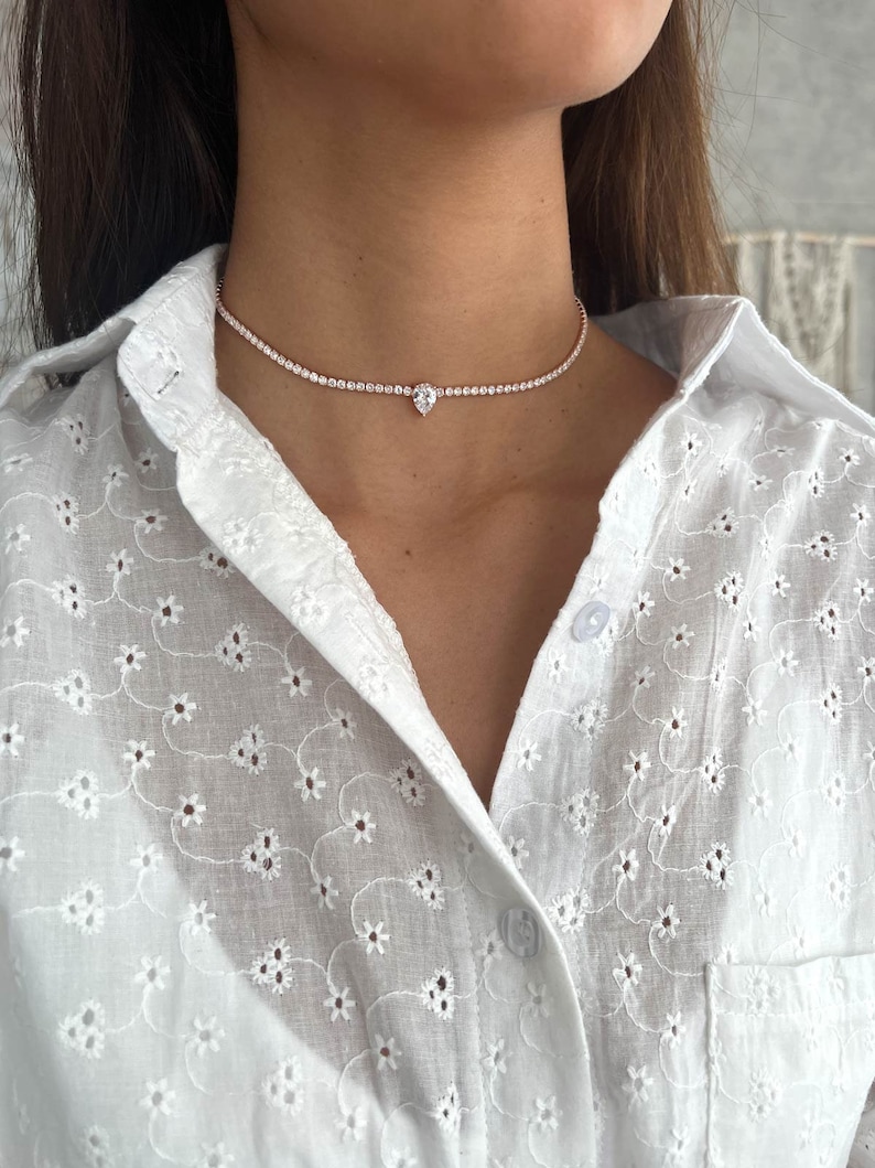 Tennis Necklace Silver 925, Teardrop Pendant Tennis Choker, Pear CZ Tennis Choker, Cubic Zirconia Tennis Choker Necklace, Rose Gold Choker image 7