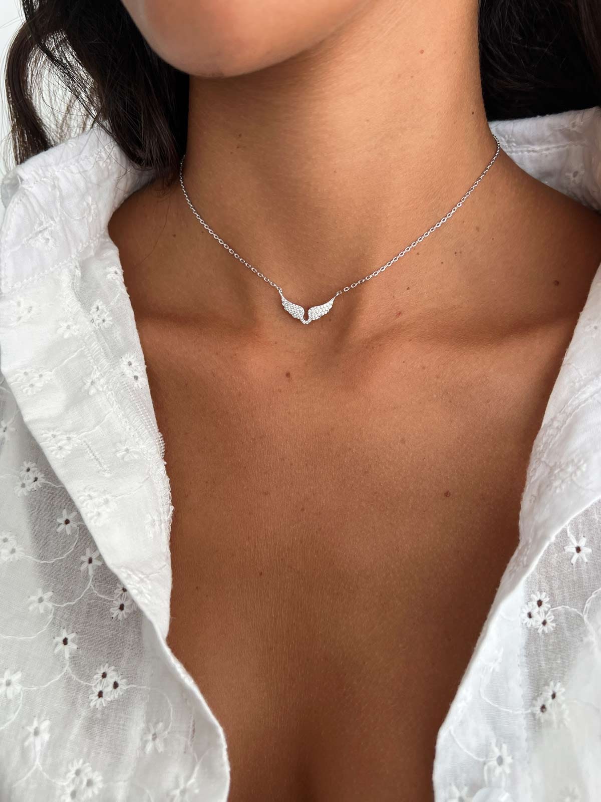 Gold Angel Wing Pendant Necklace, Minimalist Cubic Zirconia Choker
