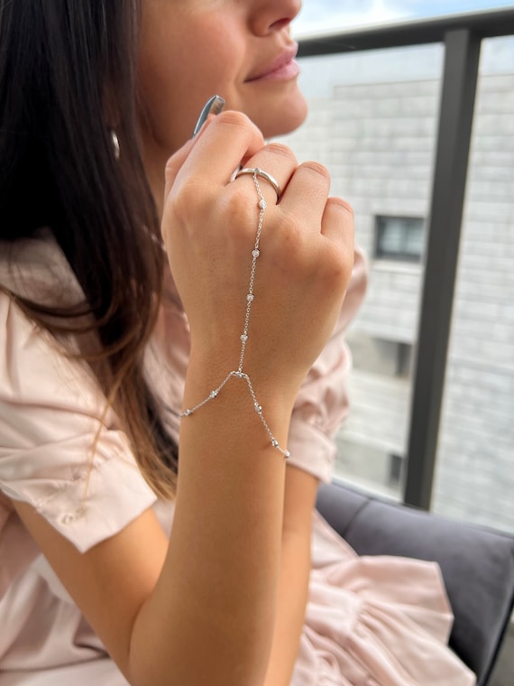 CZハンドチェーンブレスレット スターリングシルバー925、女性用繊細な