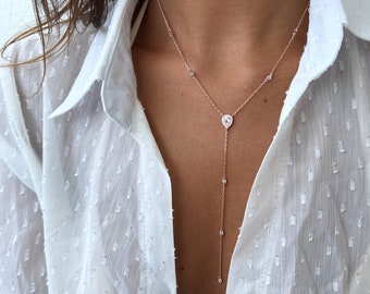 Silver 925 Teardrop Necklace, Pear Lariat Y drop Necklace , 14k Rose Gold Lariat Necklace, Y Necklace Teardrop Sterling Silver