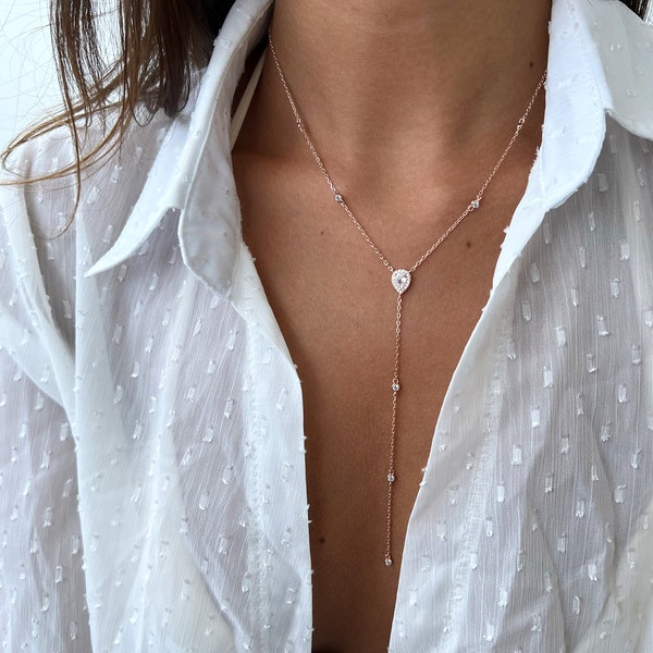 Silver 925 Teardrop Necklace, Pear Lariat Y drop Necklace , 14k Rose Gold Lariat Necklace, Y Necklace Teardrop Sterling Silver