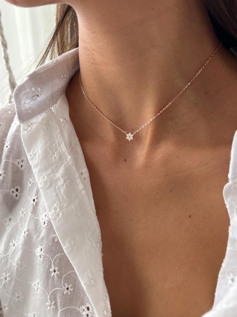 Gold Jewish Star Necklace, 14K Gold over 925 Sterling Silver Star of David Pendant, Tiny Minimalist Magen David Charm Necklace image 1