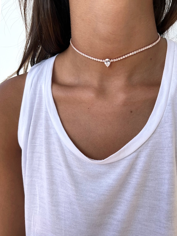 Rose Gold Tennis Choker Necklace, Sterling Silver 925 Pear CZ Drop