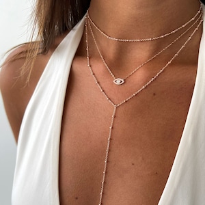 Collier lariat délicat en or rose, collier chaîne satellite, long collier lariat en Y, collier satellite en argent sterling 925 pour femme