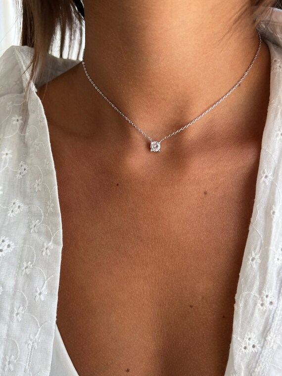 Collar De Solitario Grande De Plata 925, Delicado Collar Con Dije De Circonita Cúbica, Pequeño Colgante De Solitario De Circonita Cúbica, Collar De Solitario De Oro De 14 Quilates, Collar De Diamantes