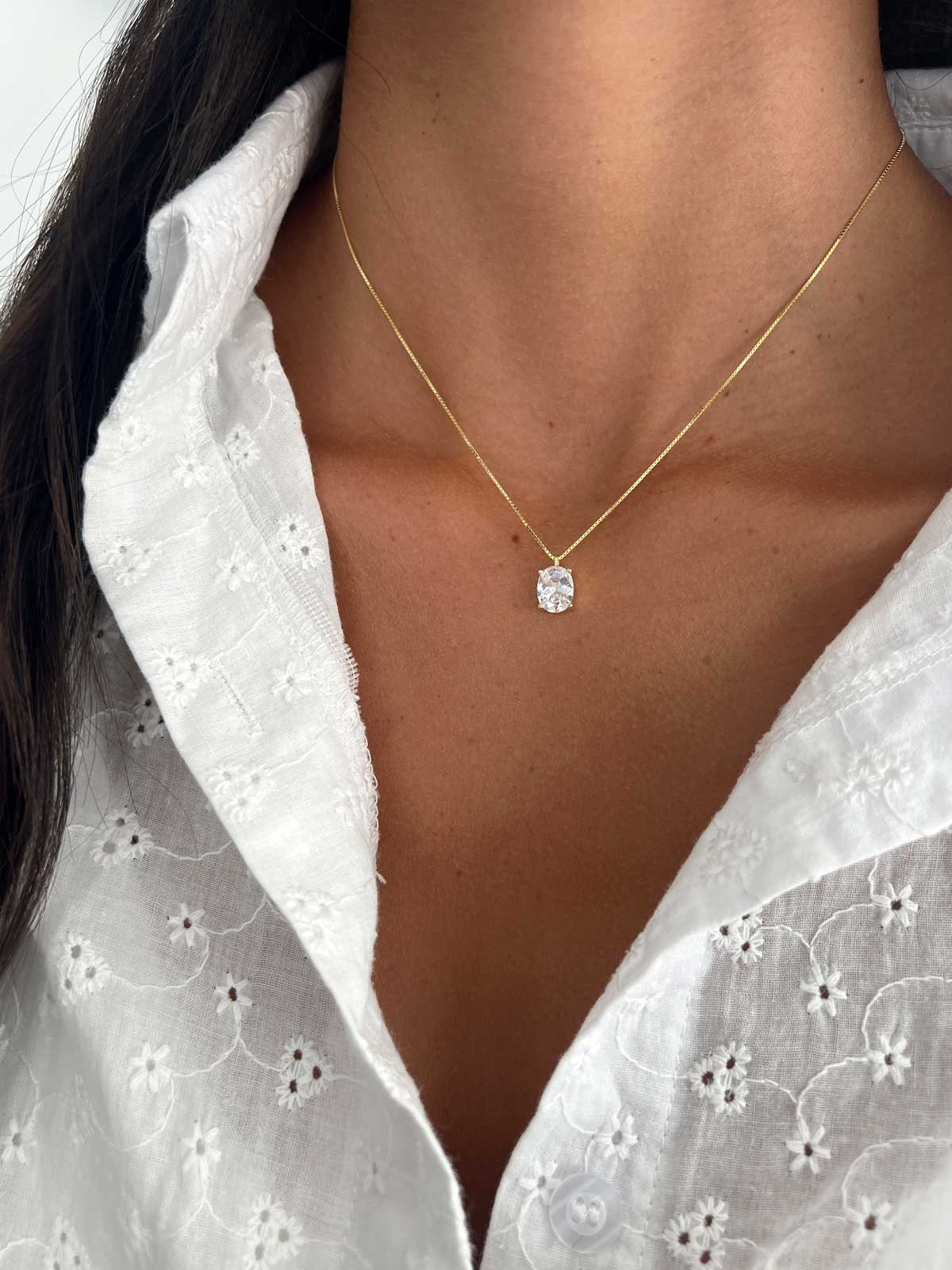Oval Diamond Necklace, Sterling Silver 925 Oval Pendant